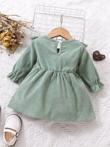 Baby Floral Embroidery Ruffle Trim Flounce Sleeve Pocket Patched Dress - Green - View 2