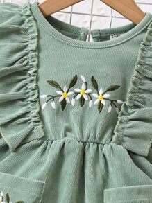 Baby Floral Embroidery Ruffle Trim Flounce Sleeve Pocket Patched Dress - Green - View 3