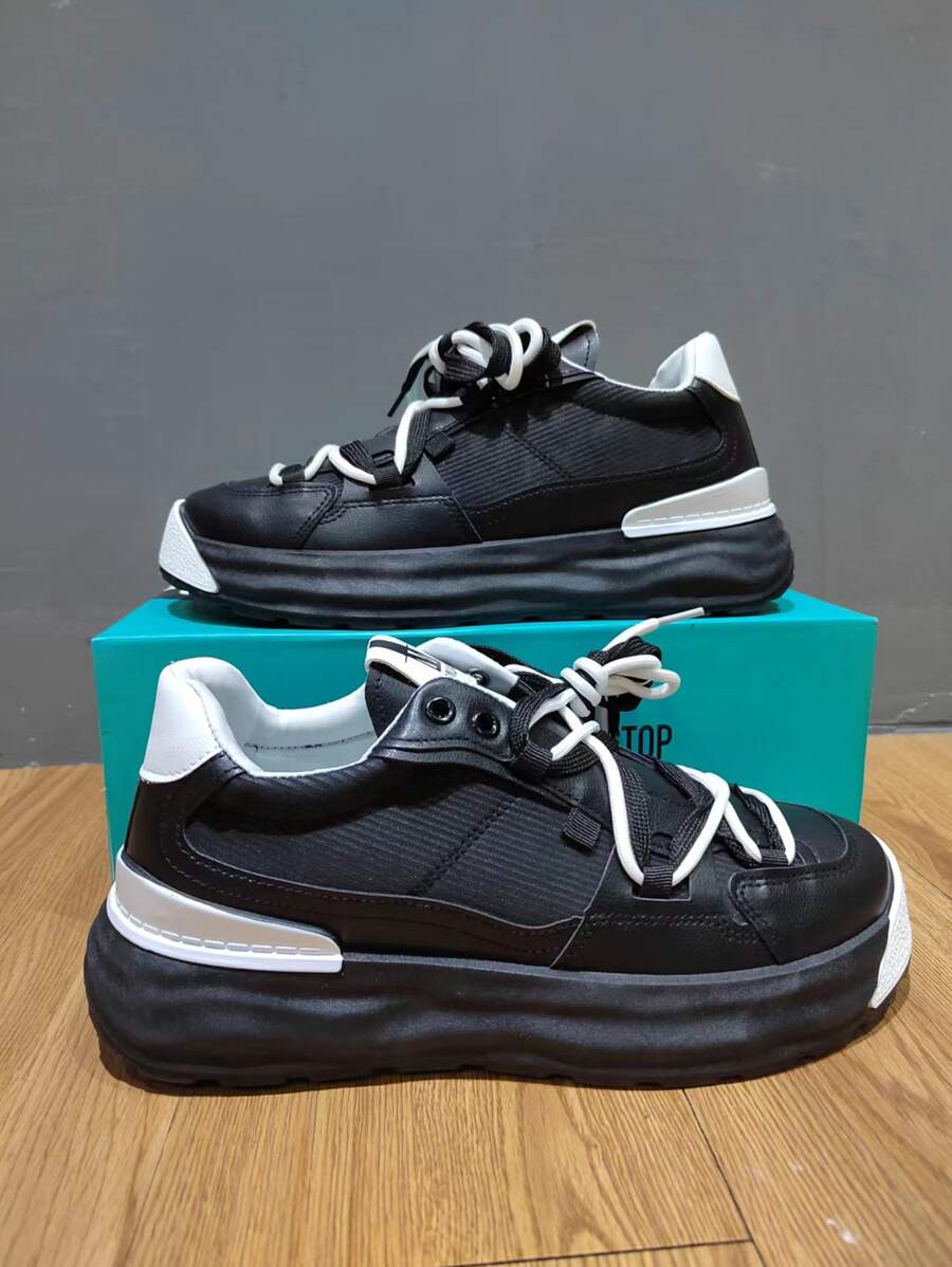 Men Letter Patch Decor Lace-up Front Chunky Sneakers - Black and White - View 1