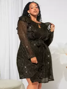 SHEIN CURVE+ Plus Keyhole Neck Ruffle Trim Belted Glitter Dress - Army Green - View 1