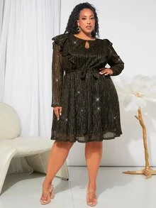 SHEIN CURVE+ Plus Keyhole Neck Ruffle Trim Belted Glitter Dress - Army Green - View 3