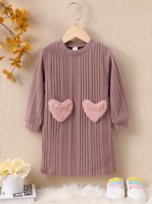 SHEIN Niñas Vestido con parche de corazón tejido de canalé - Rosa vieja - Ver 1
