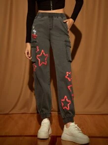 LOONEY TUNES X SHEIN Cartoon & Star Print Cargo Jeans - Dark Grey - View 1