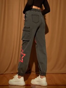 LOONEY TUNES X SHEIN Cartoon & Star Print Cargo Jeans - Dark Grey - View 2
