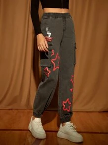 LOONEY TUNES X SHEIN Cartoon & Star Print Cargo Jeans - Dark Grey - View 3