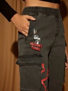 LOONEY TUNES X SHEIN Cartoon & Star Print Cargo Jeans - Dark Grey - View 4