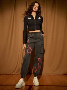 LOONEY TUNES X SHEIN Cartoon & Star Print Cargo Jeans - Dark Grey - View 5