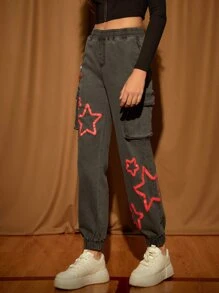 LOONEY TUNES X SHEIN Cartoon & Star Print Cargo Jeans - Dark Grey - View 6
