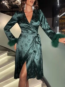 花卉圖案提花毛茸茸袖口圍裹側打結緞面連衣裙 - 墨綠色 - 查看 3