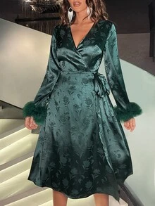 花卉圖案提花毛茸茸袖口圍裹側打結緞面連衣裙 - 墨綠色 - 查看 5