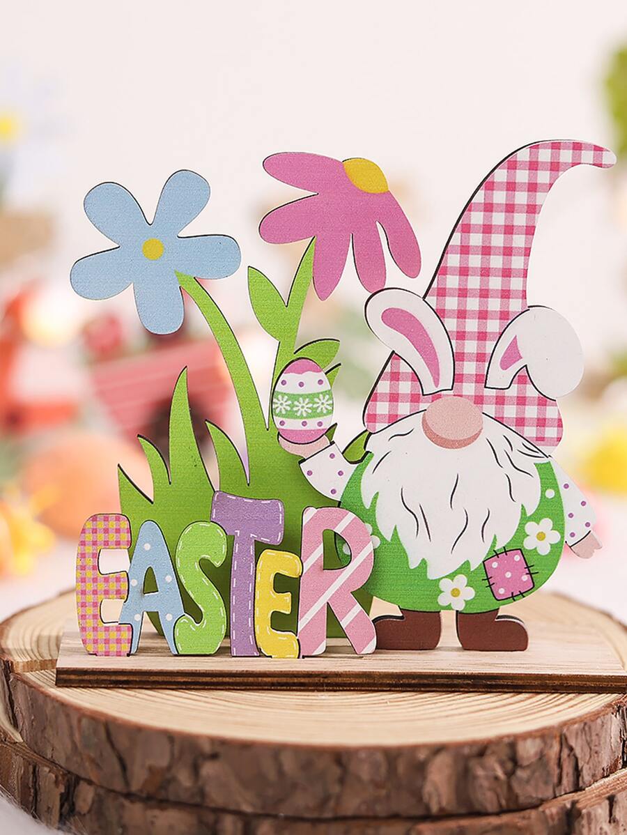 1個復活節字母木製裝飾品,兔耳和鬱金香印花的毫無表情老人設計,diy桌面中心裝飾