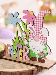 1個復活節字母木製裝飾品,兔耳和鬱金香印花的毫無表情老人設計,diy桌面中心裝飾