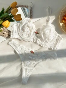 Conjunto de lencería floral con sujetador con aros y braguita de encaje - Blanco - Ver 1