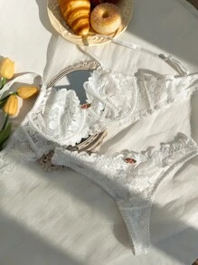 Conjunto de lencería floral con sujetador con aros y braguita de encaje - Blanco - Ver 6