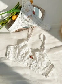 Conjunto de lencería floral con sujetador con aros y braguita de encaje - Blanco - Ver 8