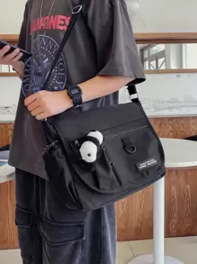 Bolso bandolera multifuncional para estudiantes de secundaria y universitarios de primer año, bolso casual con parche con letra y decoración de panda de dibujos animados, bolso de mensajero, bolso escolar para viajes, universidad, actividades al aire libre, transporte, bolso bandolera para hombre, bolso de vuelta al colegio, bolso de cilindro, bolso cruzado, bolso de gimnasio, bolso grande de capacidad, mochila, bolso casual de vacaciones, bolso de pecho, bolso lateral, bolso de cadera, regalo, bolso de mano - Negro - Ver 1