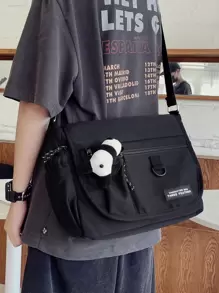 Bolso bandolera multifuncional para estudiantes de secundaria y universitarios de primer año, bolso casual con parche con letra y decoración de panda de dibujos animados, bolso de mensajero, bolso escolar para viajes, universidad, actividades al aire libre, transporte, bolso bandolera para hombre, bolso de vuelta al colegio, bolso de cilindro, bolso cruzado, bolso de gimnasio, bolso grande de capacidad, mochila, bolso casual de vacaciones, bolso de pecho, bolso lateral, bolso de cadera, regalo, bolso de mano - Negro - Ver 2