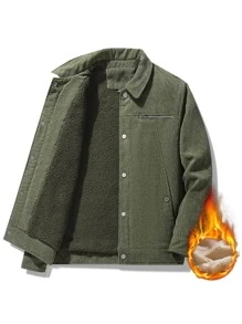 男士毛絨內襯前紐扣燈芯絨夾克 - 軍綠色 - 查看 1