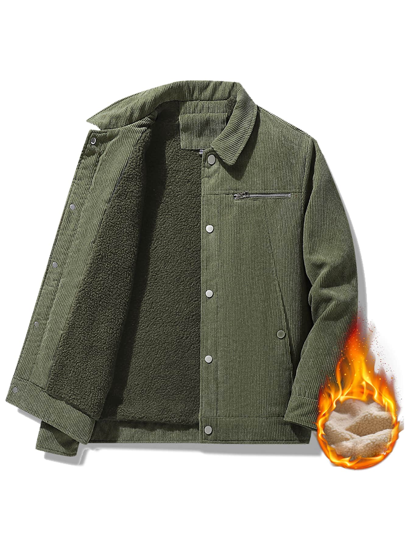 男士毛絨內襯前紐扣燈芯絨夾克 - 軍綠色 - 查看 1