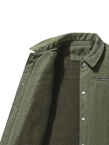 男士毛絨內襯前紐扣燈芯絨夾克 - 軍綠色 - 查看 6