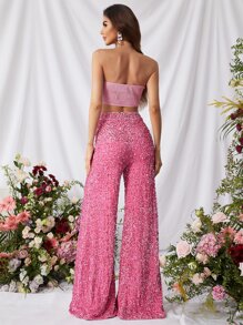 Faeriesty Elegant Sparkling Sequin Pants & 3D Floral Tube Top Two-Piece Set | Perfect For Summer Weddings, Beach Parties, Or Glamorous Date Nights
