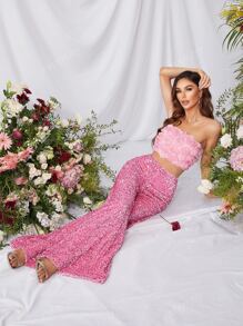 Faeriesty Elegant Sparkling Sequin Pants & 3D Floral Tube Top Two-Piece Set | Perfect For Summer Weddings, Beach Parties, Or Glamorous Date Nights