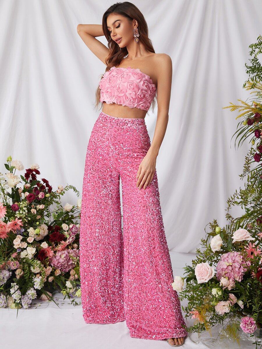 Faeriesty Elegant Sparkling Sequin Pants & 3D Floral Tube Top Two-Piece Set | Perfect For Summer Weddings, Beach Parties, Or Glamorous Date Nights