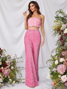 Faeriesty Elegant Sparkling Sequin Pants & 3D Floral Tube Top Two-Piece Set | Perfect For Summer Weddings, Beach Parties, Or Glamorous Date Nights