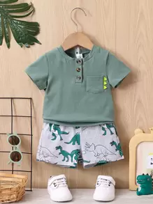 男嬰3D貼布口袋T恤和恐龍印花短褲 - 彩色 - 查看 1