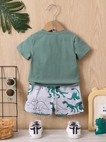 男嬰3D貼布口袋T恤和恐龍印花短褲 - 彩色 - 查看 2
