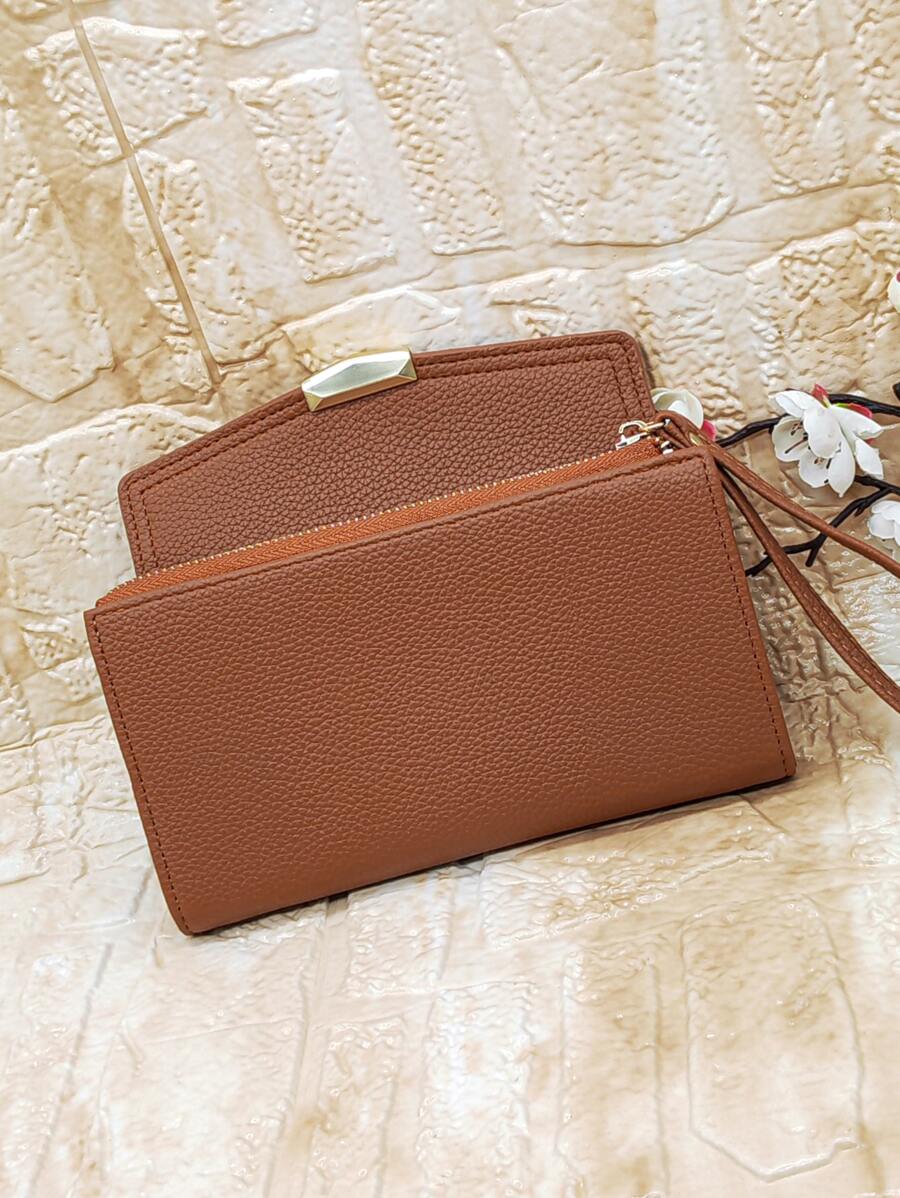 MINGYOU 金属装饰超薄便携式现金白领女性大学工作商务通勤办公室周年纪念情侣生日礼物情人节礼物女士钱包钱包长钱包腕带钱包 - 棕色 - 查看 1