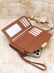 MINGYOU 金属装饰超薄便携式现金白领女性大学工作商务通勤办公室周年纪念情侣生日礼物情人节礼物女士钱包钱包长钱包腕带钱包 - 棕色 - 查看 2