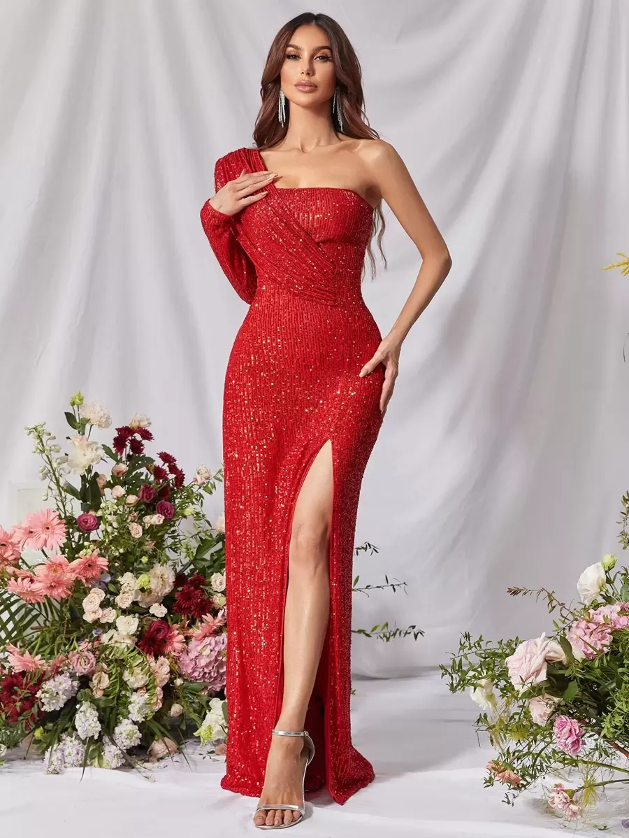 One Shoulder Split Thigh Sequin Prom Dress - Red - View 1