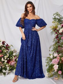 Đầm Dây kéo màu trơn Buổi tiệc - Xanh đậm - Xem 1