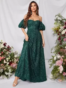 Off Shoulder Puff Sleeve Sequin Dress - Dark Green - View 1