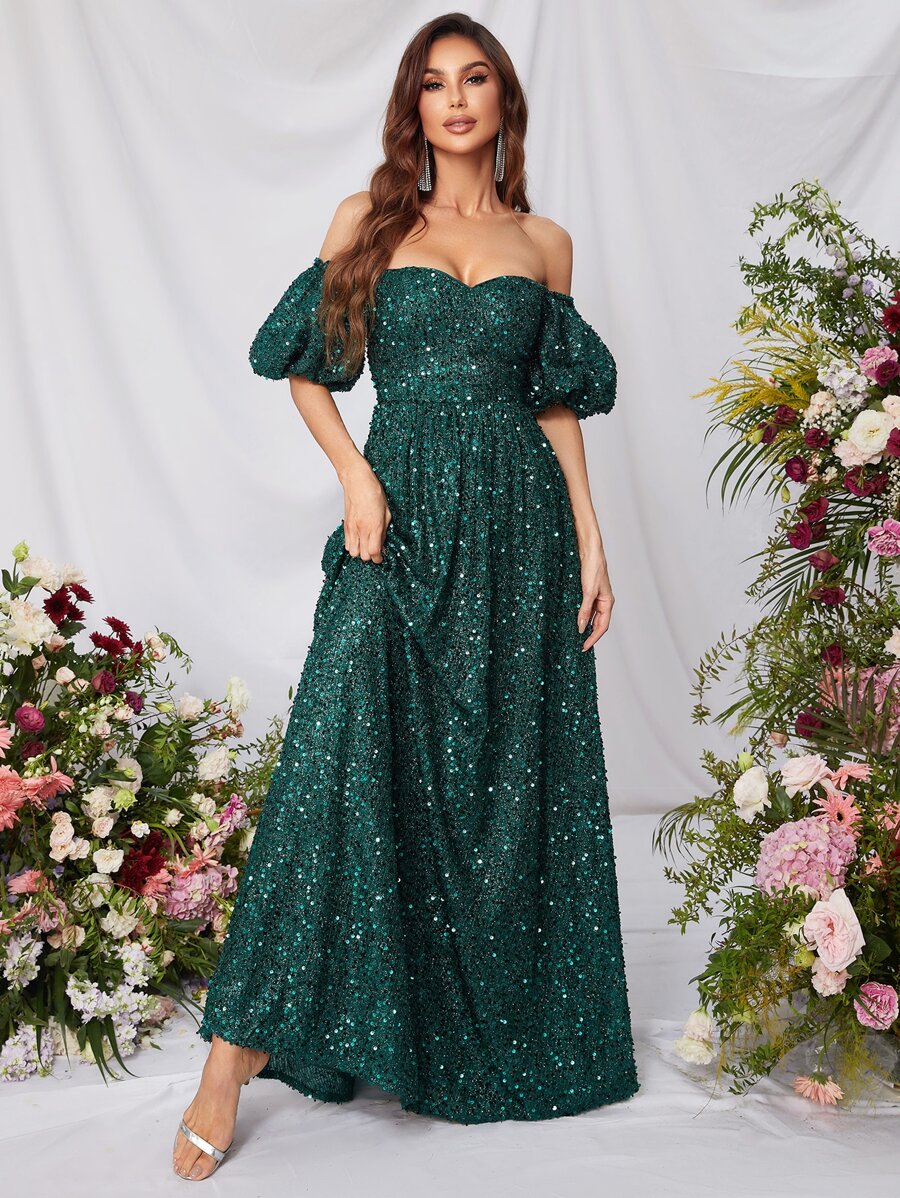 Off Shoulder Puff Sleeve Sequin Dress - Dark Green - View 1