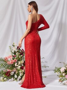 One Shoulder Split Thigh Sequin Prom Dress - Red - View 2