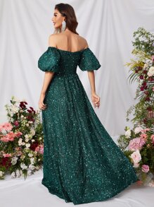 Off Shoulder Puff Sleeve Sequin Dress - Dark Green - View 2