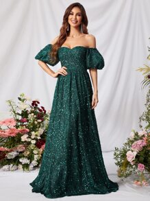 Off Shoulder Puff Sleeve Sequin Dress - Dark Green - View 3