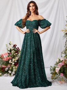 Off Shoulder Puff Sleeve Sequin Dress - Dark Green - View 5