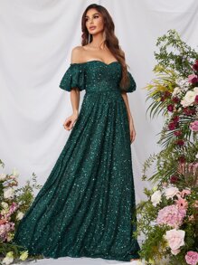 Off Shoulder Puff Sleeve Sequin Dress - Dark Green - View 6