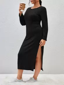 SHEIN Essnce Đầm Plus Size Gân đan Tách cao màu trơn Giải trí - màu đen - Xem 4