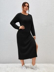 SHEIN Essnce Đầm Plus Size Gân đan Tách cao màu trơn Giải trí - màu đen - Xem 5