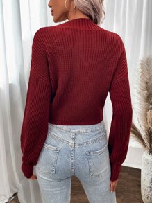 Chiquease Twist Front Cable Knit Drop Shoulder Crop Jumper - Burgundy - View 2