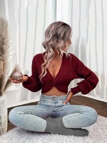 Chiquease Twist Front Cable Knit Drop Shoulder Crop Jumper - Burgundy - View 3