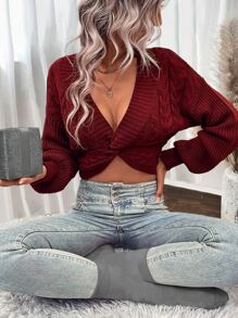 Chiquease Twist Front Cable Knit Drop Shoulder Crop Jumper - Burgundy - View 5