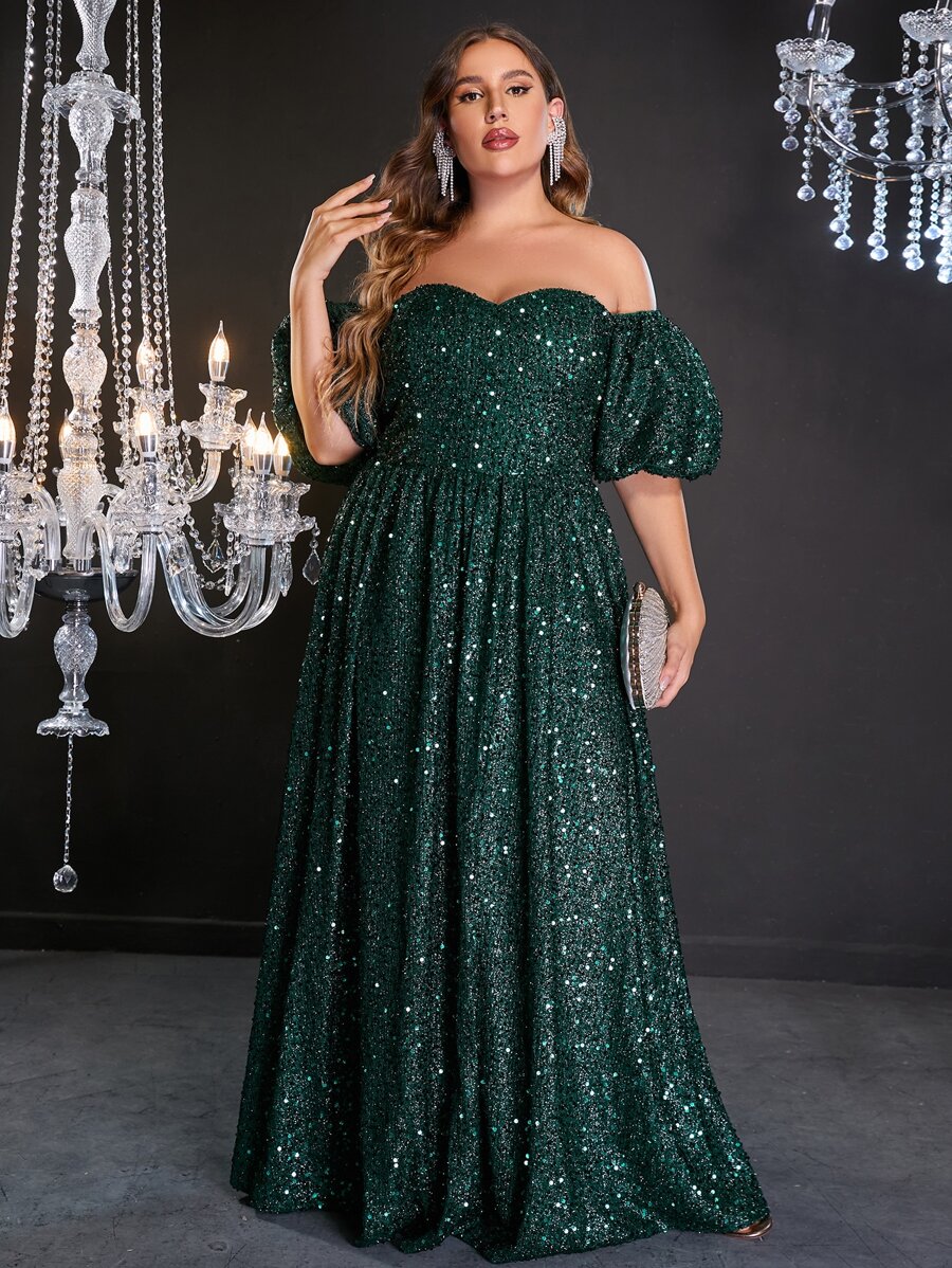 Plus Off Shoulder Puff Sleeve Floor Length Sequin Formal Dress - Dark Green - View 1