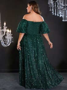 Plus Off Shoulder Puff Sleeve Floor Length Sequin Formal Dress - Dark Green - View 2