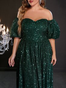 Plus Off Shoulder Puff Sleeve Floor Length Sequin Formal Dress - Dark Green - View 3