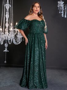 Plus Off Shoulder Puff Sleeve Floor Length Sequin Formal Dress - Dark Green - View 4